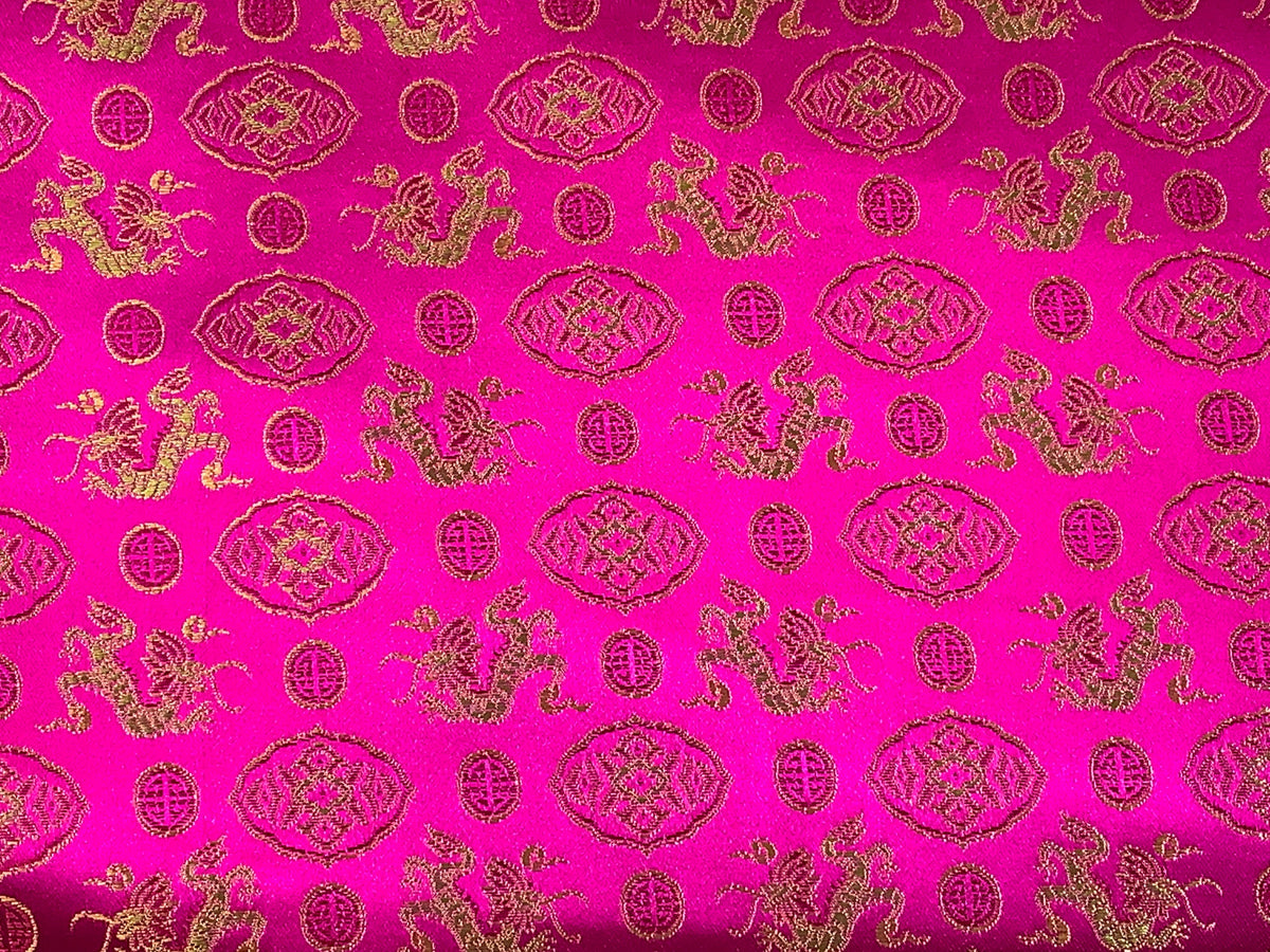 Chinese Brocade Embroidered Fabric by the YARD. Asian Satin Woven Fabric for Home Décor, Clothing, Craft. Pink/Gold Dragons & Medallions.