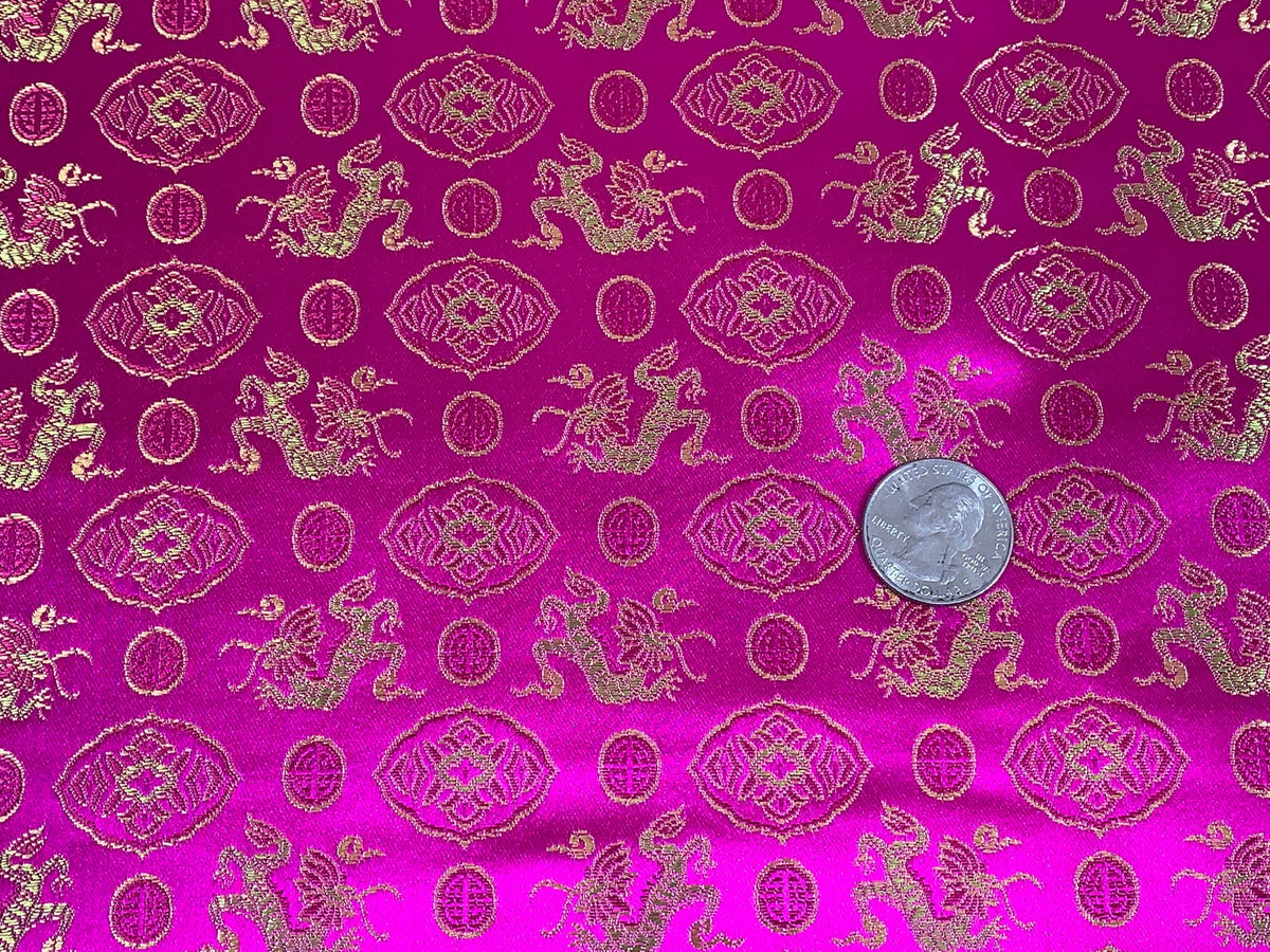 Chinese Brocade Embroidered Fabric by the YARD. Asian Satin Woven Fabric for Home Décor, Clothing, Craft. Pink/Gold Dragons & Medallions.