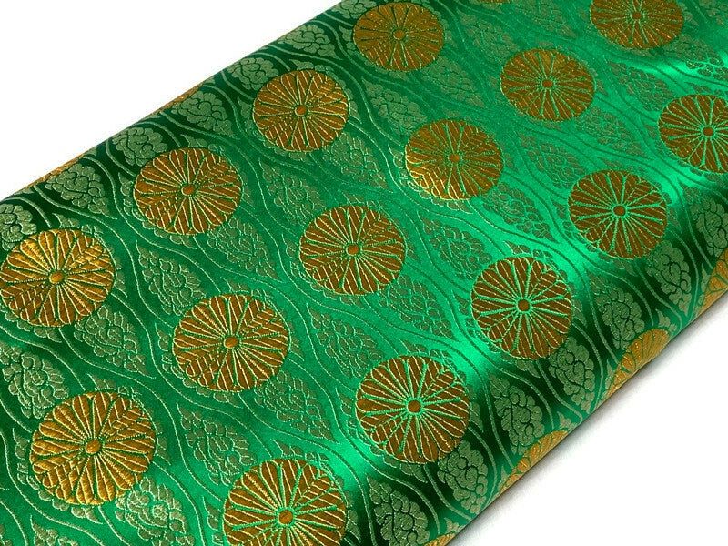 Chinese Brocade Embroidered Fabric by the YARD. Asian Satin Woven Fabric for Home Décor, Clothing, Craft. Emerald Green/Gold Floral Stripes