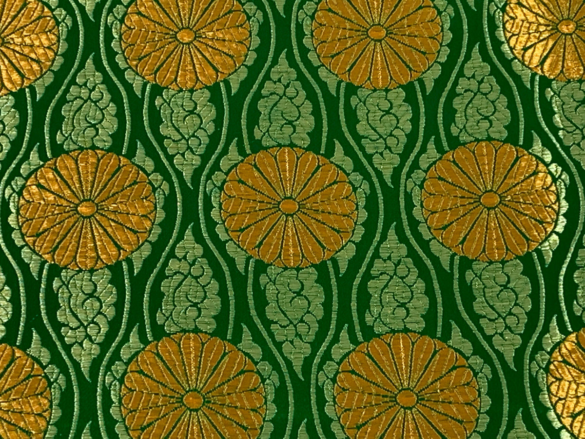 Chinese Brocade Embroidered Fabric by the YARD. Asian Satin Woven Fabric for Home Décor, Clothing, Craft. Emerald Green/Gold Floral Stripes