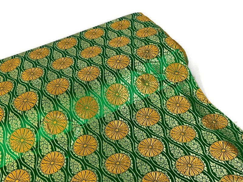 Chinese Brocade Embroidered Fabric by the YARD. Asian Satin Woven Fabric for Home Décor, Clothing, Craft. Emerald Green/Gold Floral Stripes