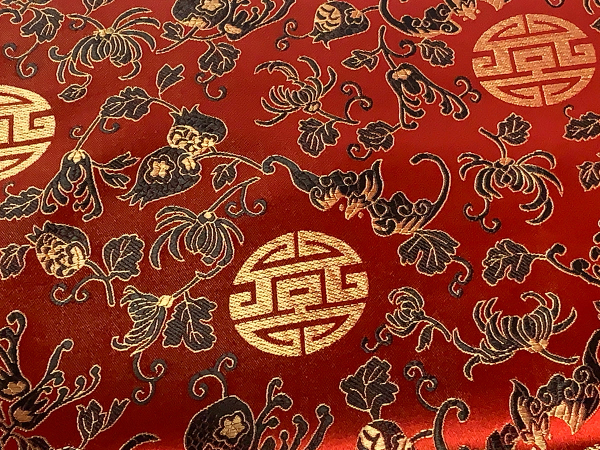 Chinese Brocade Embroidered Fabric by the YARD. Asian Style Satin Woven Fabric for Home Décor, Clothing, Craft. Red, Black, Gold Floral