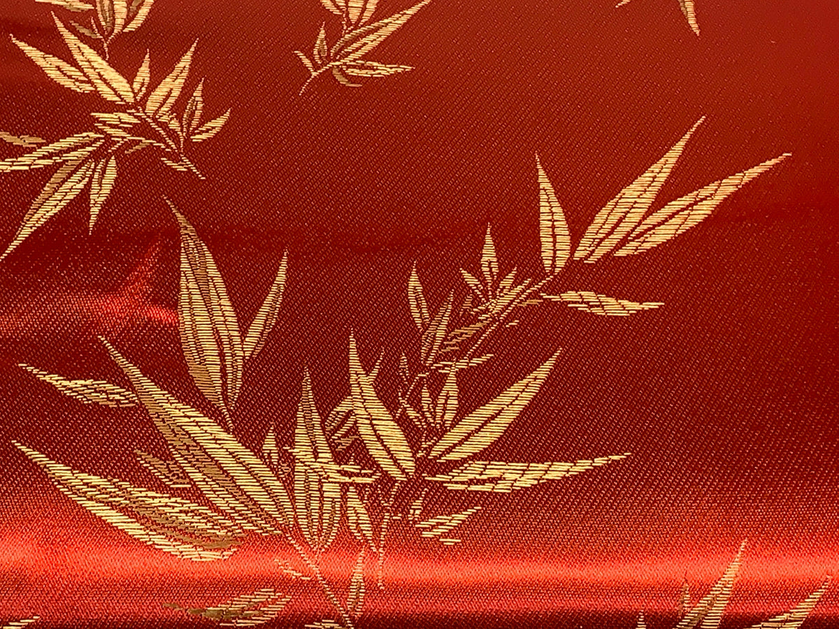 Chinese Brocade Embroidered Fabric by the YARD. Asian Style Satin Woven Fabric for Home Décor, Clothing, Craft. Red and Gold Bamboo Leaves