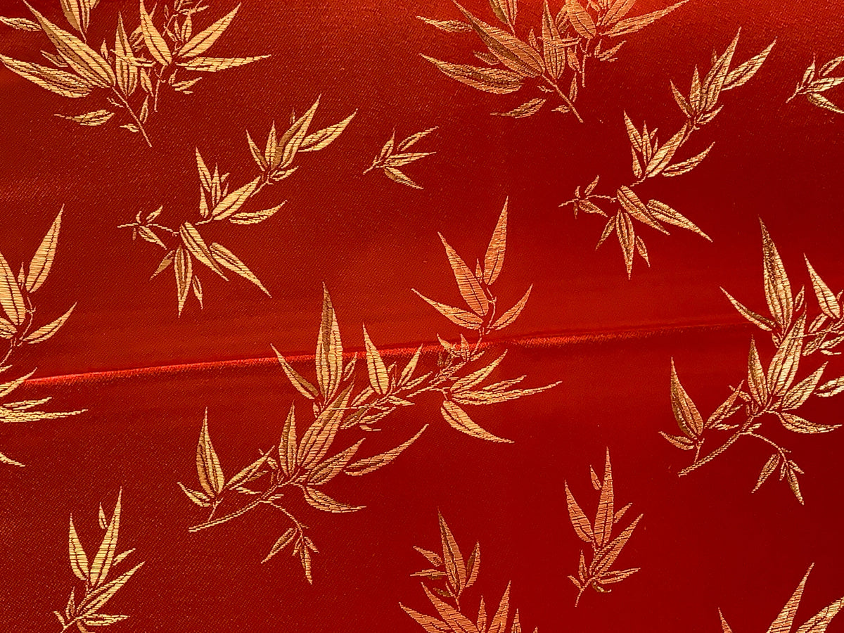 Chinese Brocade Embroidered Fabric by the YARD. Asian Style Satin Woven Fabric for Home Décor, Clothing, Craft. Red and Gold Bamboo Leaves