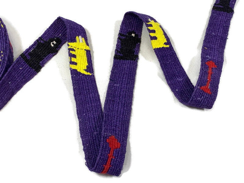 Hand Woven 1" Wide Guatemalan Belt, Purse Strap, Sash by the YARD. 100% Cotton Mayan Toto Belt Textile in Purple/Yellow/Black Cats & Arrows