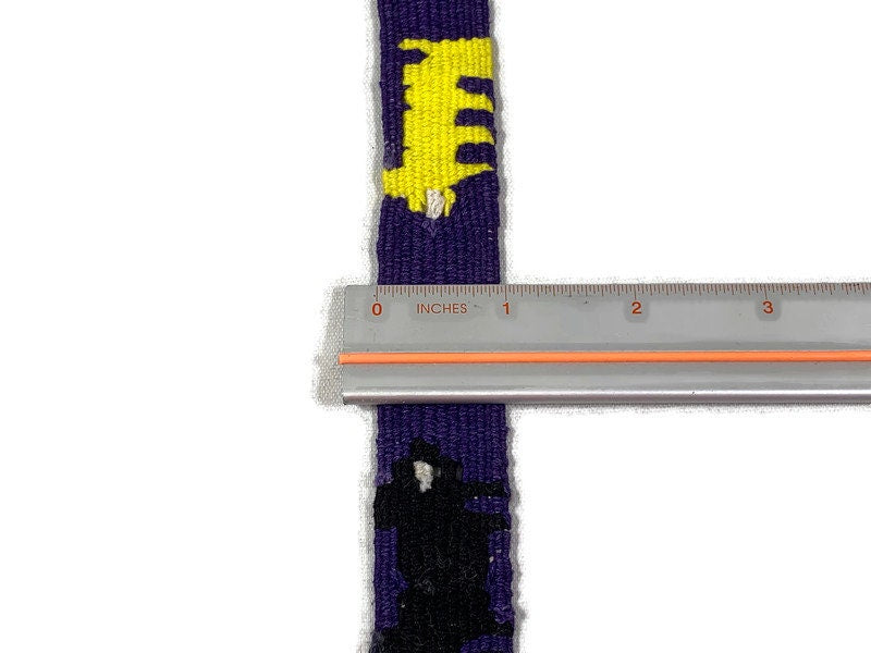 Hand Woven 1" Wide Guatemalan Belt, Purse Strap, Sash by the YARD. 100% Cotton Mayan Toto Belt Textile in Purple/Yellow/Black Cats & Arrows