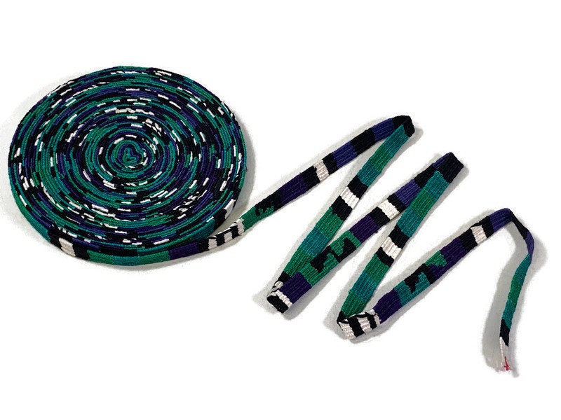 Hand Woven 1/2 Inch Wide Guatemalan Belt, Purse Strap, Sash Sold by the YARD. Cotton Mayan Toto Belt Textile in Green/Purple/Black Stripes
