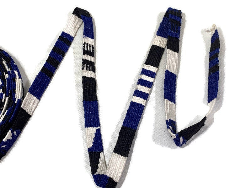 Hand Woven 1/2 Inch Wide Guatemalan Belt, Purse Strap, Sash Sold by the YARD. Cotton Mayan Toto Belt Textile in Blue/Black/White Stripes