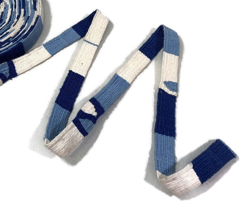 Hand Woven 3/4 Inch Wide Guatemalan Belt, Purse Strap, Sash Sold by the YARD. Cotton Mayan Toto Belt Textile in Dark & Light Blue Stripes