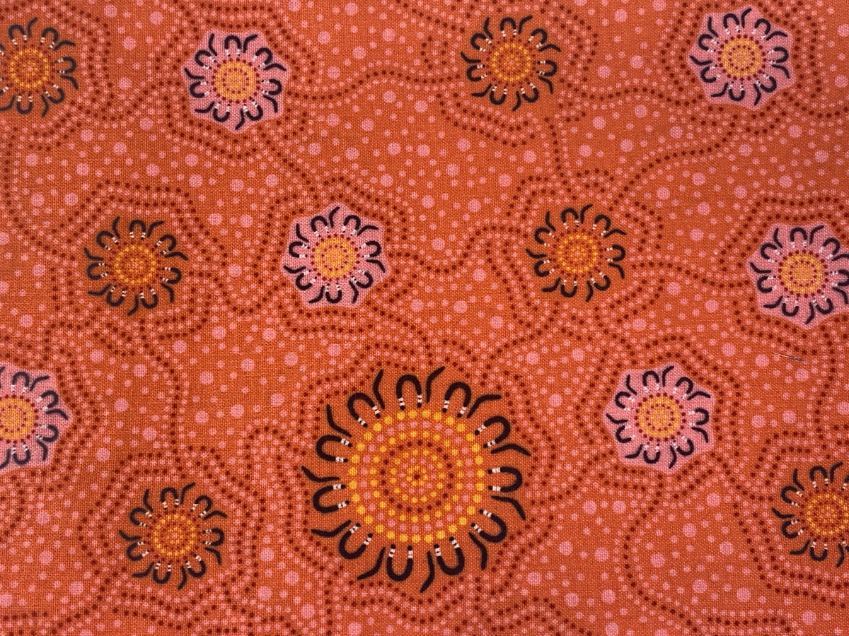 Australian Aboriginal Fabric--6 Piece FAT QUARTER BUNDLE--100% Cotton Quilt Fabric--M&S Green and Orange for quilting, sewing, home décor.