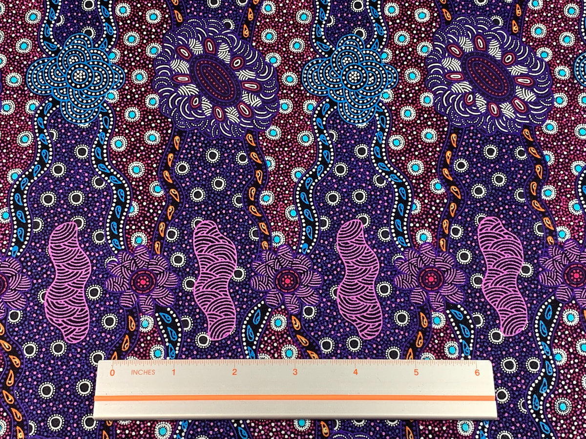 Australian Aboriginal Cotton Quilting Fabric by the YARD. M&S Textiles Lillup Dreaming Purple. For sweing, quilting, apparel, home décor.