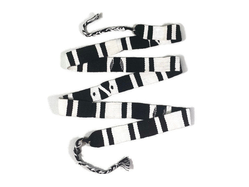 Guatemalan Hand Woven Belt--Black & White with Braided Tassel Ends. 1.25 Inches Wide x 46 Inch Long Cotton Mayan Toto Sash, Strap Textile.