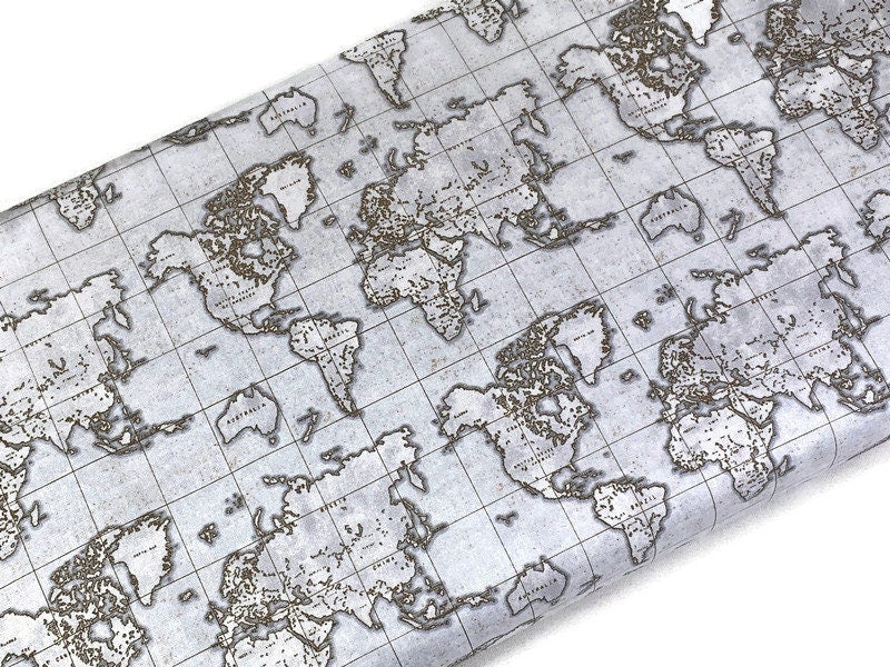 World Map Print Fabric by the Yard. World Globe Seven Seas by Windham Fabric Travel Print in Gray/Tan. 100% Cotton for Quilting, Home Décor.