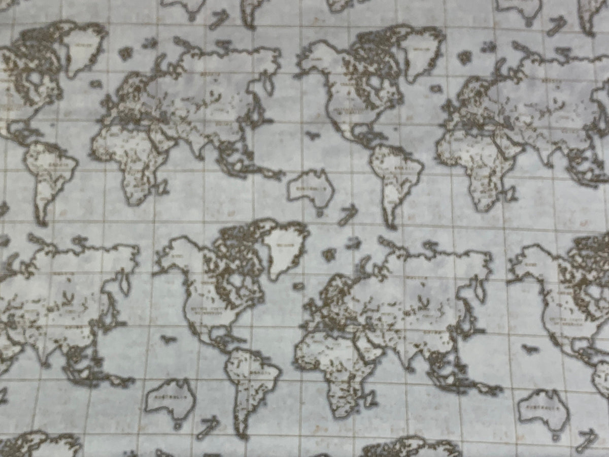 World Map Print Fabric by the Yard. World Globe Seven Seas by Windham Fabric Travel Print in Gray/Tan. 100% Cotton for Quilting, Home Décor.