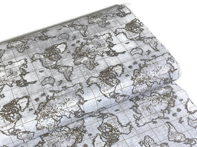 World Map Print Fabric by the Yard. World Globe Seven Seas by Windham Fabric Travel Print in Gray/Tan. 100% Cotton for Quilting, Home Décor.