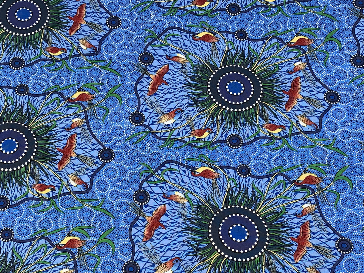 Australian Aboriginal Cotton Quilting Fabric by the YARD. M&S Textiles Yeerung Blue featuring Original Australian Aboriginal Art Design