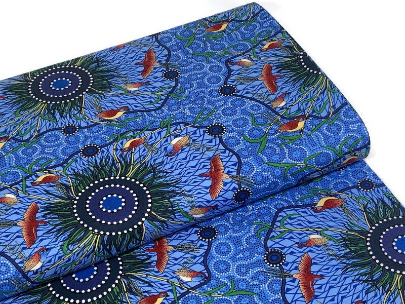 Australian Aboriginal Cotton Quilting Fabric by the YARD. M&S Textiles Yeerung Blue featuring Original Australian Aboriginal Art Design