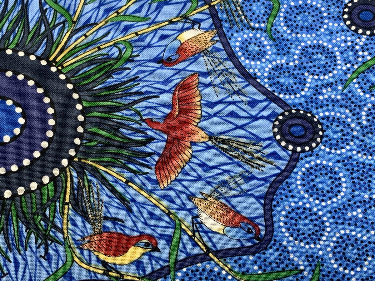 Australian Aboriginal Cotton Quilting Fabric by the YARD. M&S Textiles Yeerung Blue featuring Original Australian Aboriginal Art Design