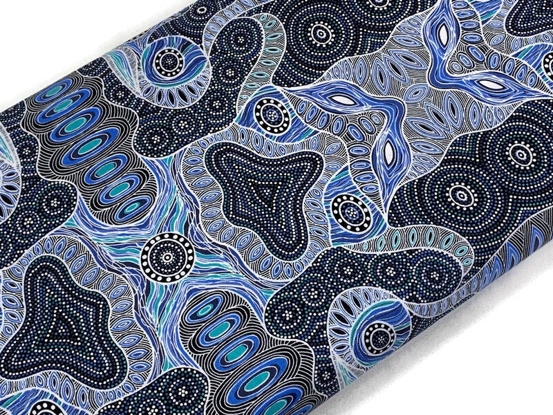 Australian Aboriginal Cotton Quilting Fabric by the YARD. M&S Textiles Regeneration Blue featuring Original Australian Aboriginal Art Design