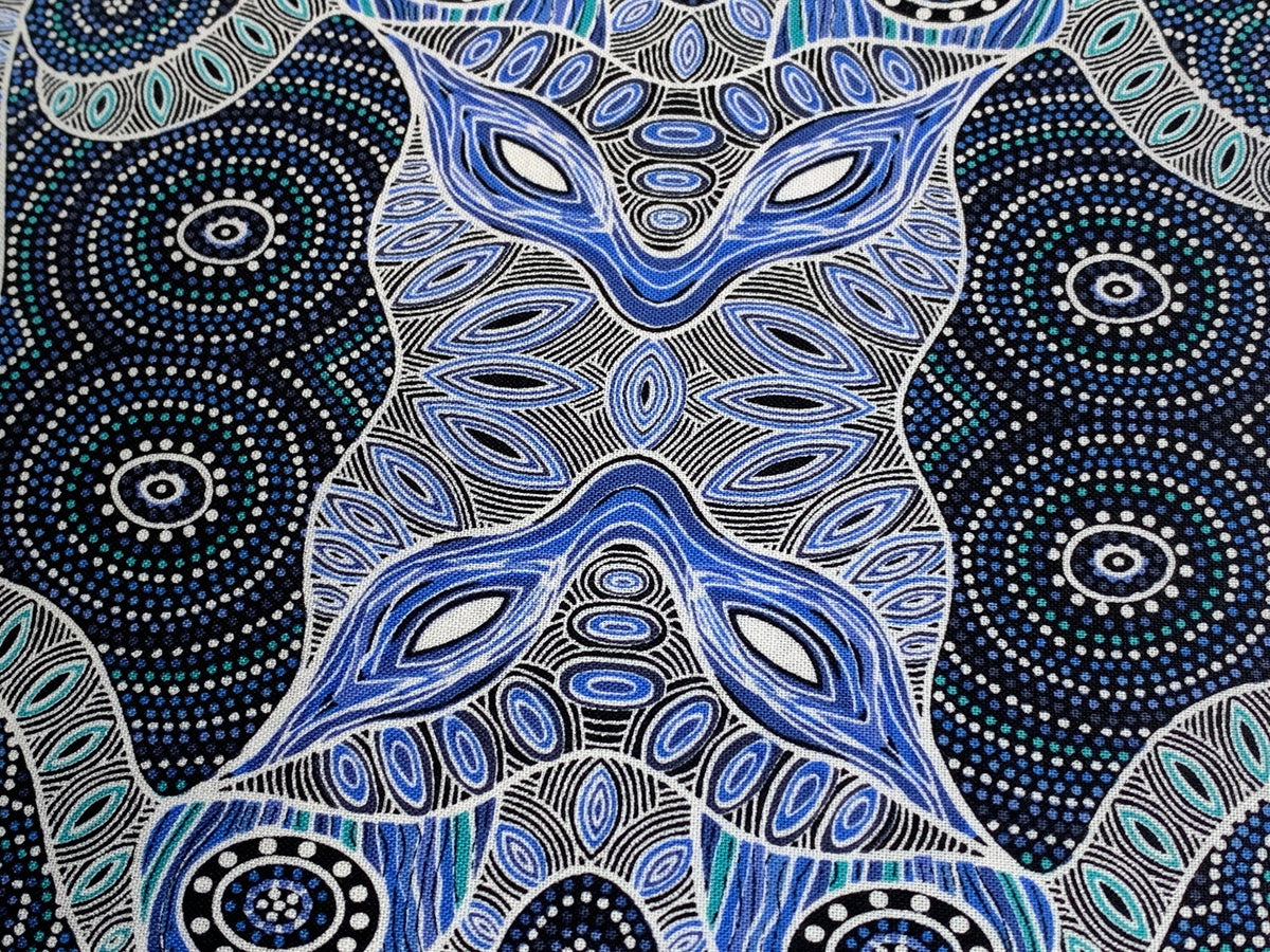 Australian Aboriginal Cotton Quilting Fabric by the YARD. M&S Textiles Regeneration Blue featuring Original Australian Aboriginal Art Design
