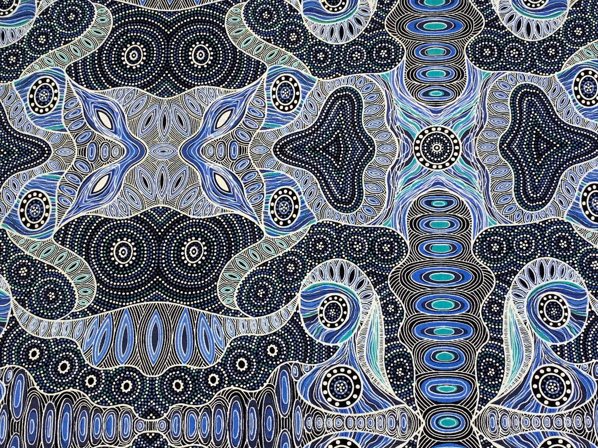 Australian Aboriginal Cotton Quilting Fabric by the YARD. M&S Textiles Regeneration Blue featuring Original Australian Aboriginal Art Design