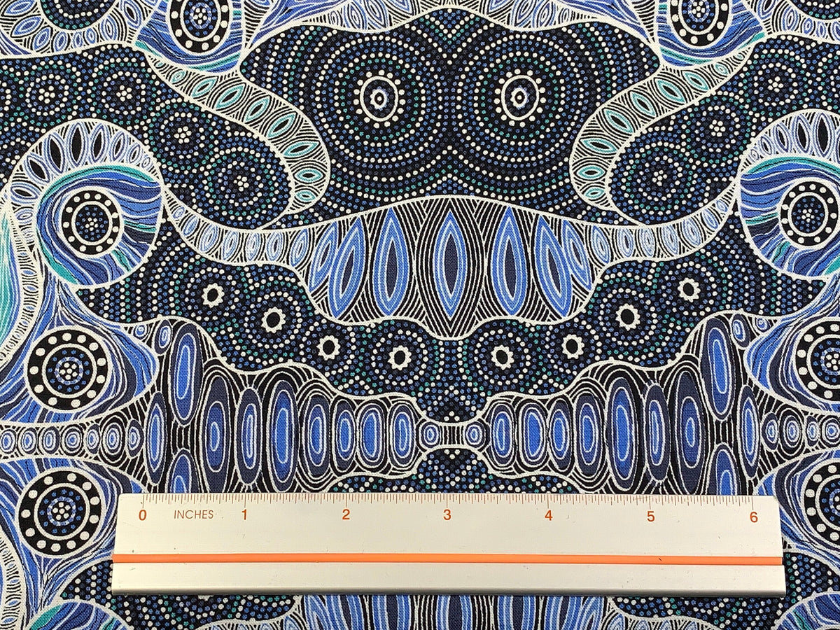 Australian Aboriginal Cotton Quilting Fabric by the YARD. M&S Textiles Regeneration Blue featuring Original Australian Aboriginal Art Design