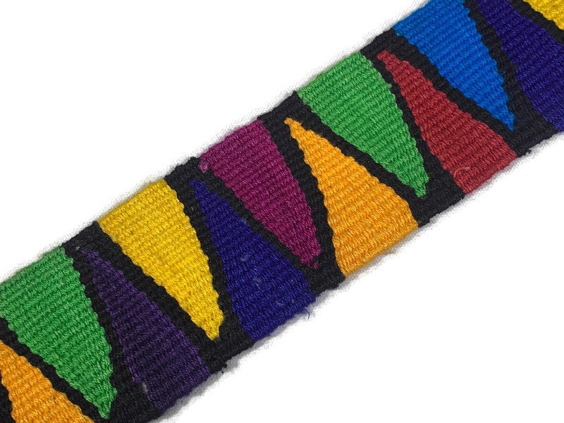 Hand Woven 2 Inch Extra Wide Guatemalan Belt, Purse Strap, Sash by the YARD. 100% Cotton Mayan Toto Belt Textile in Rainbow/Black Triangles
