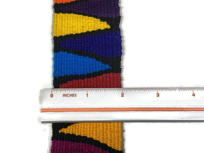 Hand Woven 2 Inch Extra Wide Guatemalan Belt, Purse Strap, Sash by the YARD. 100% Cotton Mayan Toto Belt Textile in Rainbow/Black Triangles