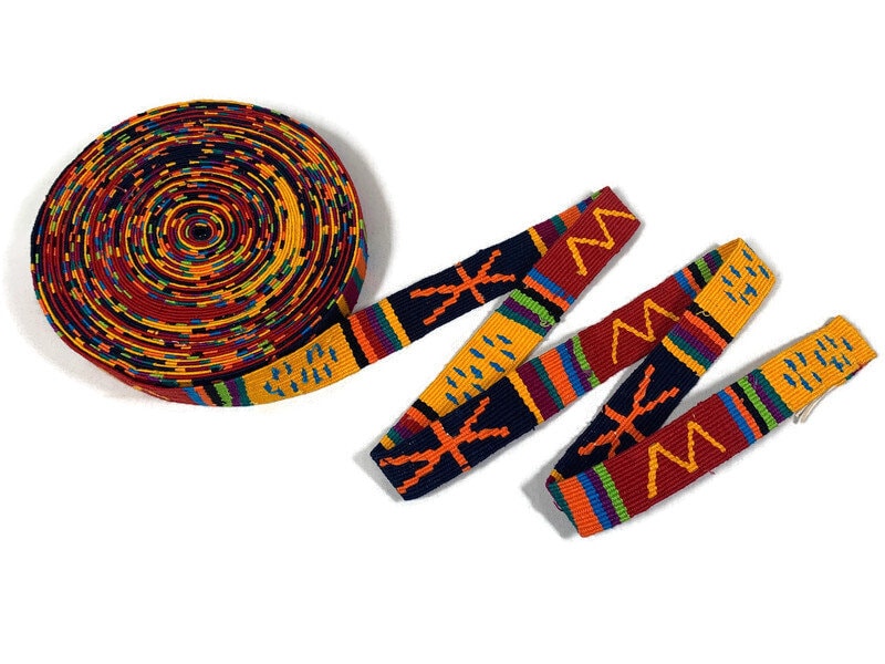 HandWoven 1.25" Wide Guatemalan Belt, Purse Strap, Sash, Trim Sold by the YARD. Cotton Mayan Toto Belt Gold & Red Extra Fancy Weave No White