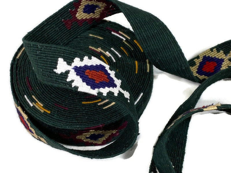 Hand Woven 1.25 Inch Wide Guatemalan Belt, Purse Strap, Sash, Trim Sold by the YARD. Cotton Mayan Toto Belt Green Starburst Assorted Colors