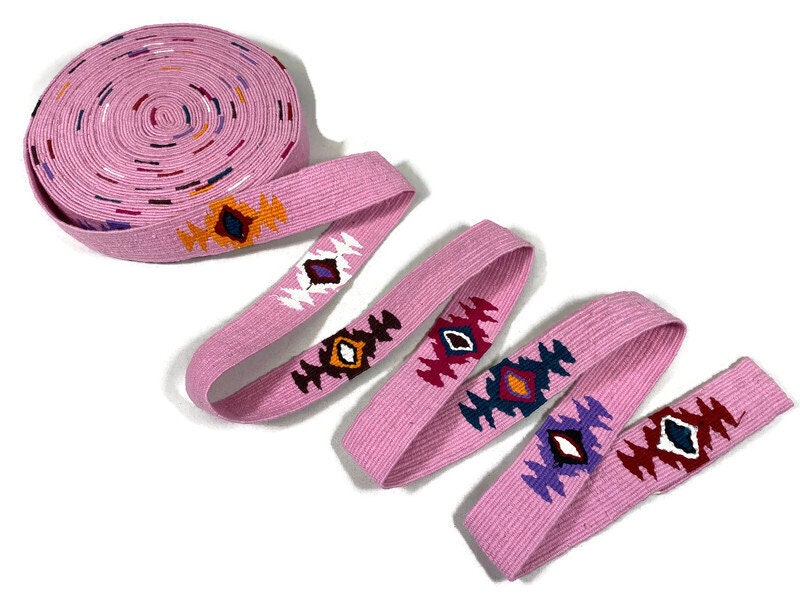 Hand Woven 1.25 Inch Wide Guatemalan Belt, Strap, Sash, Trim Sold by the YARD. Cotton Mayan Toto Belt Light Pink Starburst Assorted Colors