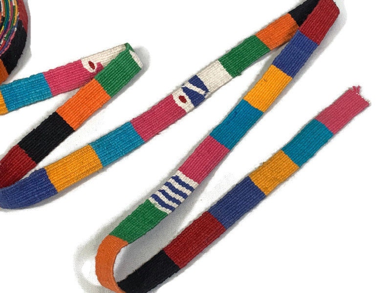 HandWoven 3/4 Inch Wide Guatemalan Belt, Purse Strap, Sash Sold by the YARD. Cotton Mayan Toto Belt Textile in Rainbow Assorted Color Blocks