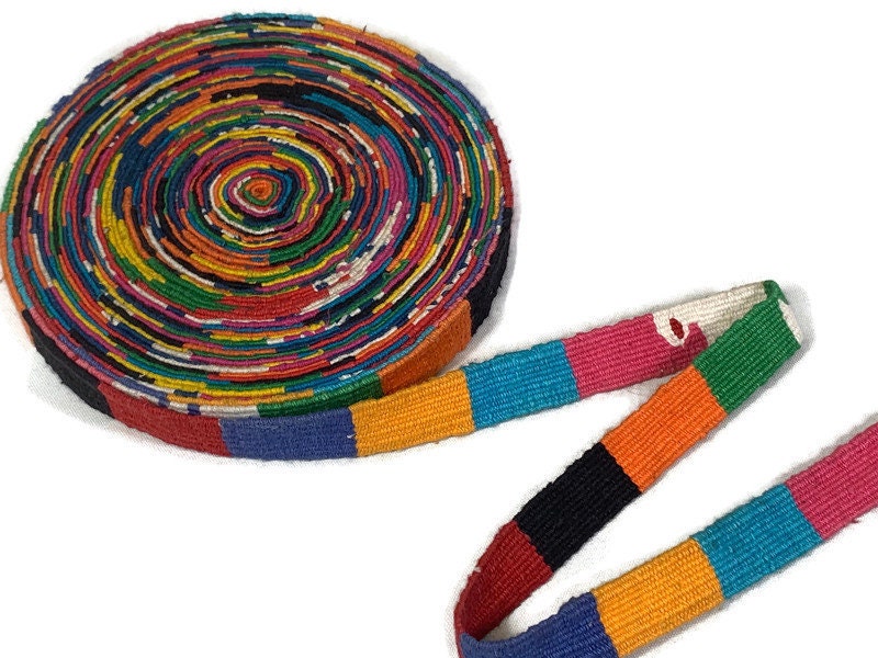 HandWoven 3/4 Inch Wide Guatemalan Belt, Purse Strap, Sash Sold by the YARD. Cotton Mayan Toto Belt Textile in Rainbow Assorted Color Blocks
