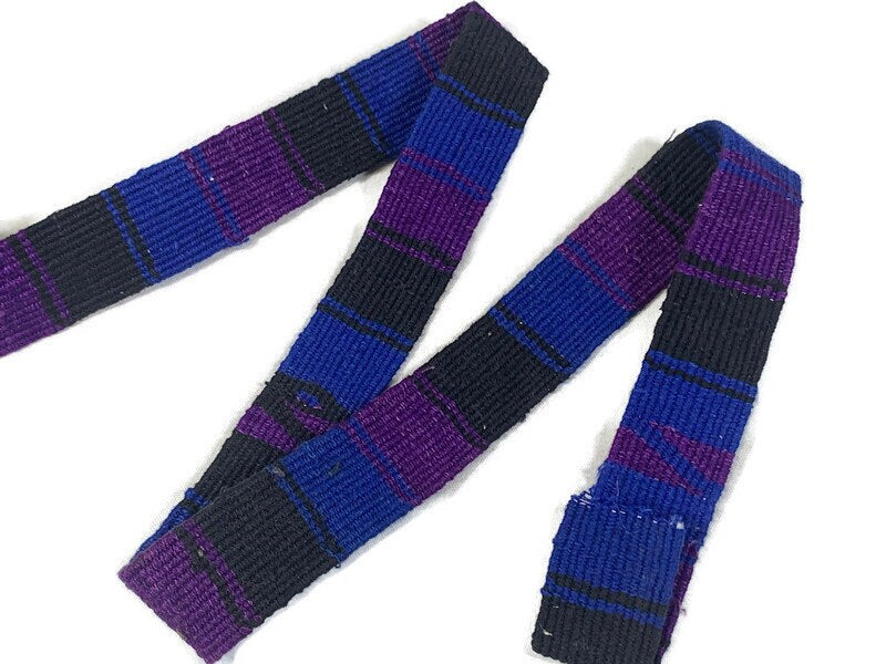 Hand Woven 1.25 Inch Wide Guatemalan Belt, Purse Strap, Sash Sold by the YARD. Cotton Mayan Toto Belt Textile in Purple, Royal Blue, Black.
