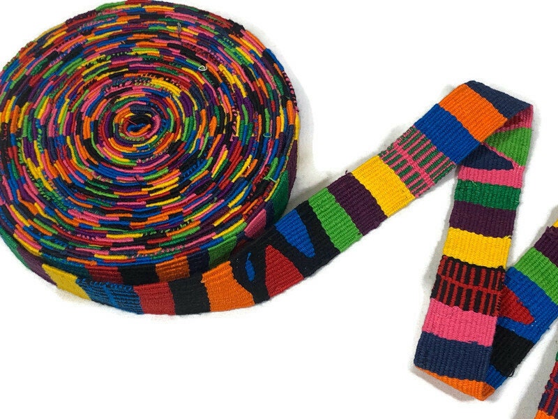 Hand Woven 1.25 Inch Wide Guatemalan Belt, Purse Strap, Sash Sold by the YARD. Cotton Mayan Toto Belt Textile in Rainbow Stripe NO WHITE