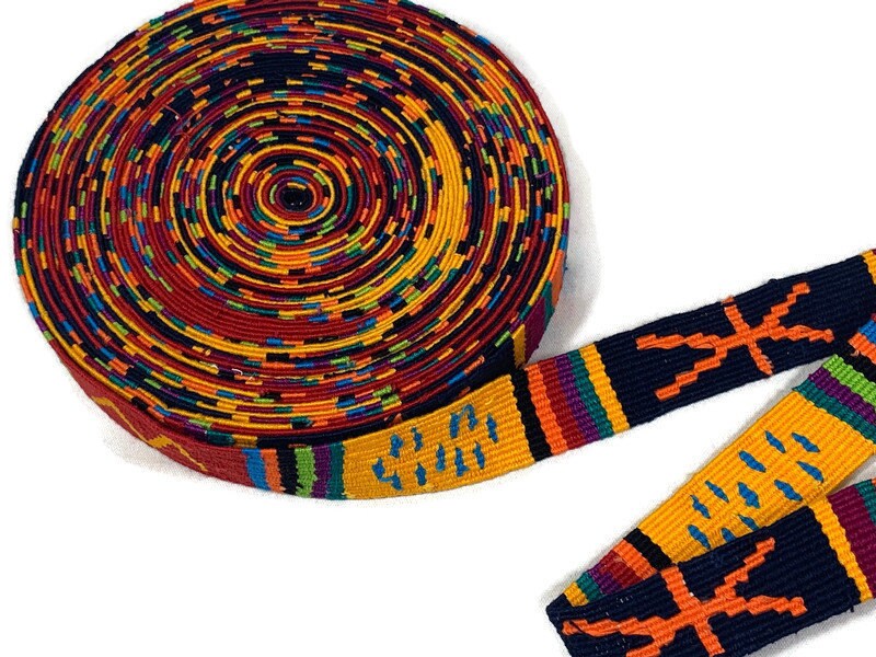 HandWoven 1.25" Wide Guatemalan Belt, Purse Strap, Sash, Trim Sold by the YARD. Cotton Mayan Toto Belt Gold & Red Extra Fancy Weave No White