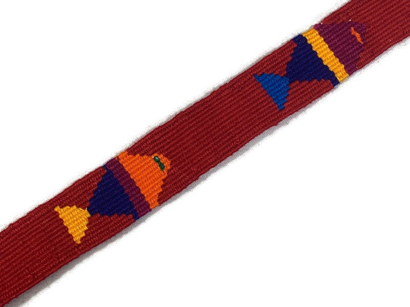 Hand Woven 1 Inch Wide Guatemalan Belt, Purse Strap, Sash, Trim Sold by the YARD. Cotton Mayan Toto Belt Red Tropical Fish Extra Fancy Weave