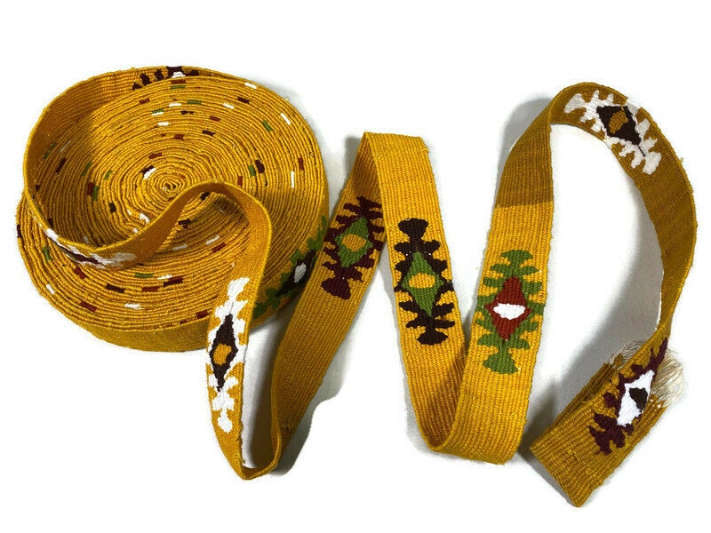 Hand Woven 1.25 Inch Wide Guatemalan Belt, Purse Strap, Sash, Trim Sold by the YARD. Cotton Mayan Toto Belt Yellow Starburst Assorted Colors