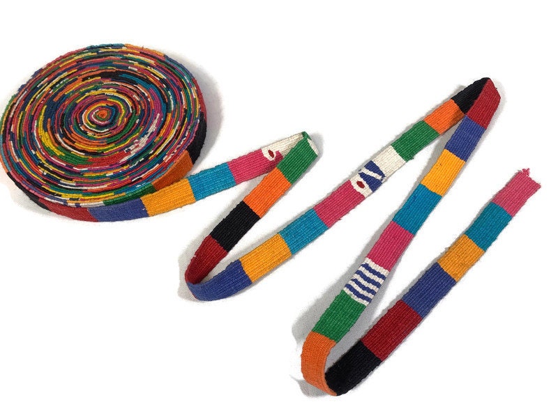 HandWoven 3/4 Inch Wide Guatemalan Belt, Purse Strap, Sash Sold by the YARD. Cotton Mayan Toto Belt Textile in Rainbow Assorted Color Blocks