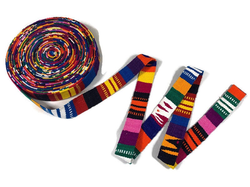 Hand Woven 1 Inch Wide Guatemalan Belt, Purse Strap, Sash Sold by the YARD. Cotton Mayan Toto Belt Textile in Rainbow Stripe Assort Color