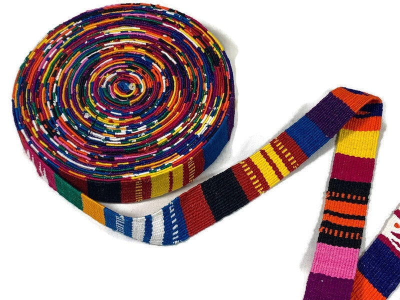 Hand Woven 1 Inch Wide Guatemalan Belt, Purse Strap, Sash Sold by the YARD. Cotton Mayan Toto Belt Textile in Rainbow Stripe Assort Color