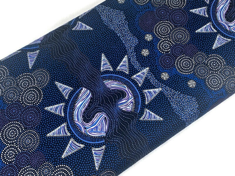 Australian Aboriginal Cotton Quilting Fabric by the YARD. M&S Textiles Sunset Night Dreaming Blue. 100% Cotton Aboriginal Art Design Print