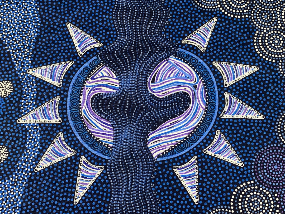 Australian Aboriginal Cotton Quilting Fabric by the YARD. M&S Textiles Sunset Night Dreaming Blue. 100% Cotton Aboriginal Art Design Print