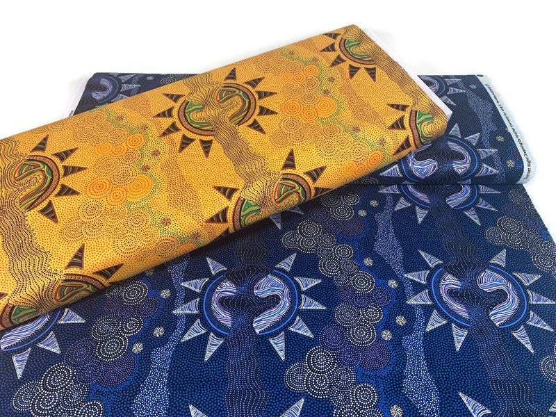 Australian Aboriginal Cotton Quilting Fabric by the YARD. M&S Textiles Sunset Night Dreaming Gold. 100% Cotton Aboriginal Art Design Print