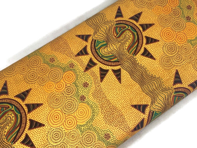 Australian Aboriginal Cotton Quilting Fabric by the YARD. M&S Textiles Sunset Night Dreaming Gold. 100% Cotton Aboriginal Art Design Print