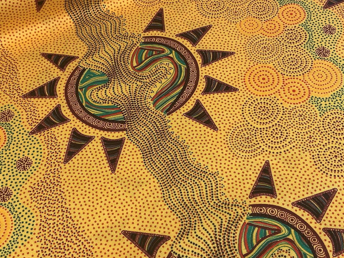 Australian Aboriginal Cotton Quilting Fabric by the YARD. M&S Textiles Sunset Night Dreaming Gold. 100% Cotton Aboriginal Art Design Print