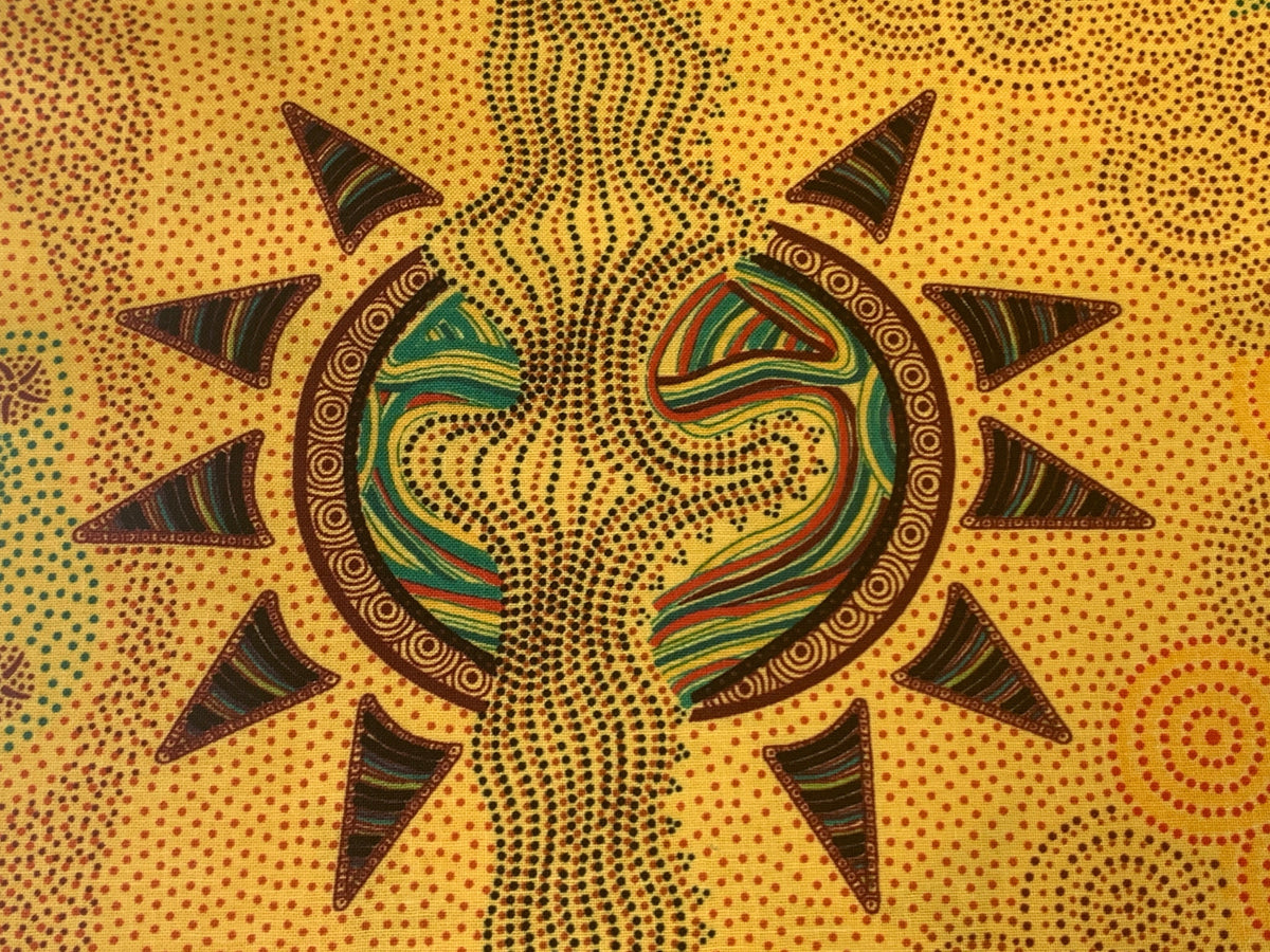 Australian Aboriginal Cotton Quilting Fabric by the YARD. M&S Textiles Sunset Night Dreaming Gold. 100% Cotton Aboriginal Art Design Print