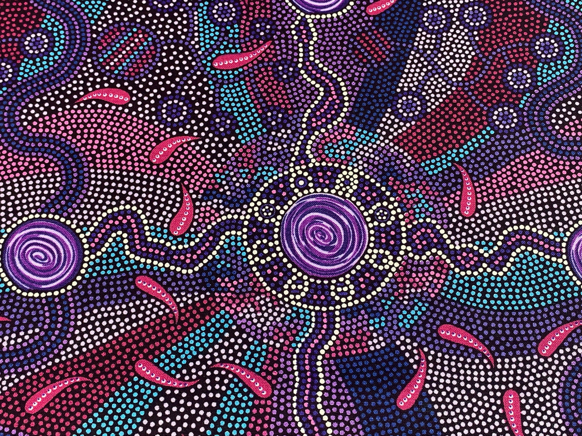 Australian Aboriginal Cotton Quilting Fabric by the YARD. M&S Textiles Roaring Forties Purple. 100% Cotton Aboriginal Art Design Print.