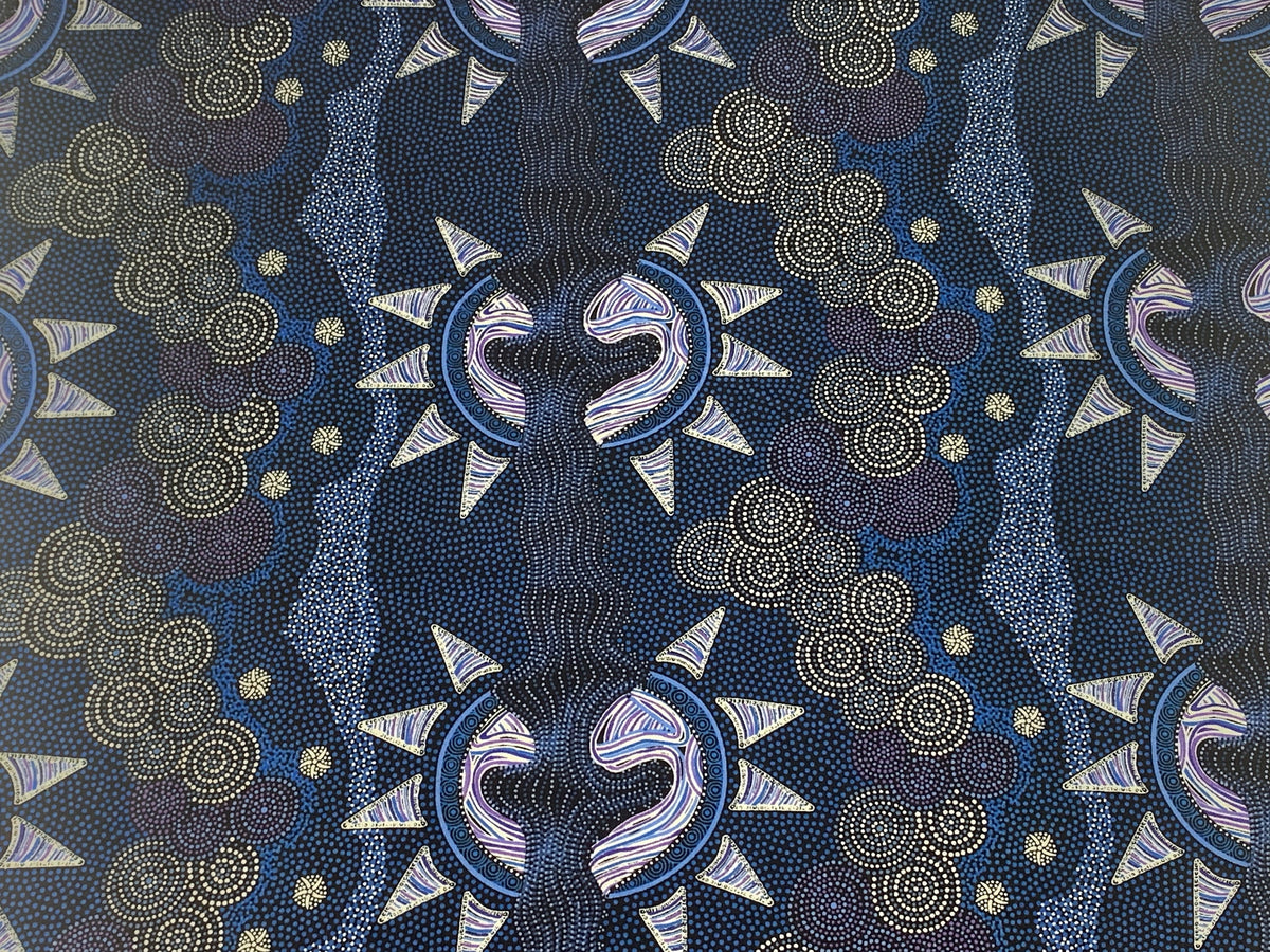 Australian Aboriginal Cotton Quilting Fabric by the YARD. M&S Textiles Sunset Night Dreaming Blue. 100% Cotton Aboriginal Art Design Print