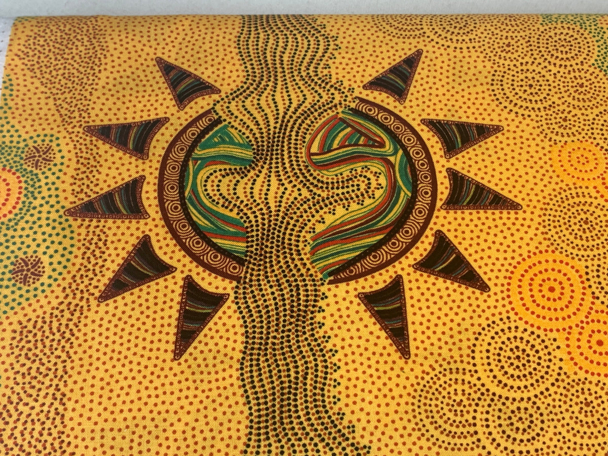 Australian Aboriginal Cotton Quilting Fabric by the YARD. M&S Textiles Sunset Night Dreaming Gold. 100% Cotton Aboriginal Art Design Print
